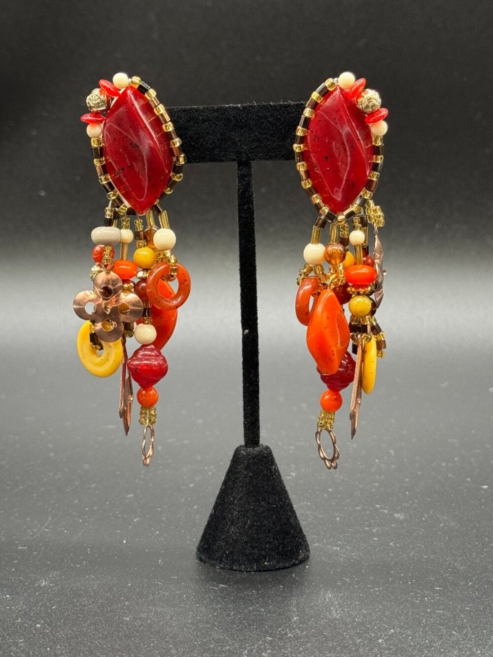 Vintage Statement Pierced Earrings Handmade Dangling Orange and Gold Tones Beads